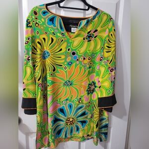 Bob Mackie Lime Green Floral Scoop-Neck Tunic with Black Trim
